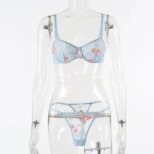 Dettaglio di lingerie in rete azzurra trasparente con ricami floreali e pizzo fine