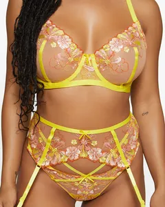 Detail of neon yellow lace lingerie set with pink floral embroidery and sheer mesh texture