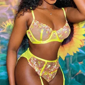 Detailed embroidery on neon yellow mesh lingerie set with floral lace and underwire cups