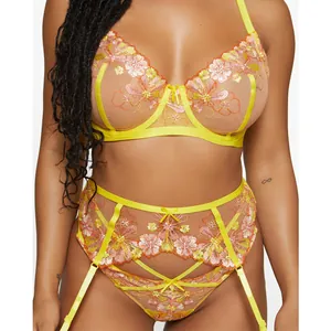 Women Sexy Floral Embroidery Mesh Lingerie Underwire Bra Garter Belt And Panty Lingerie Suit Romantic Nightwear