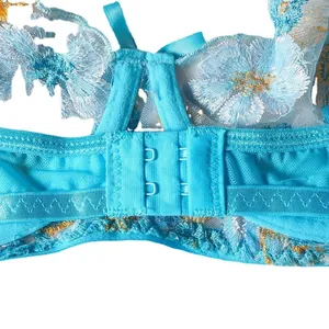 Light blue floral embroidered lace bra with hook closure and sheer mesh detail
