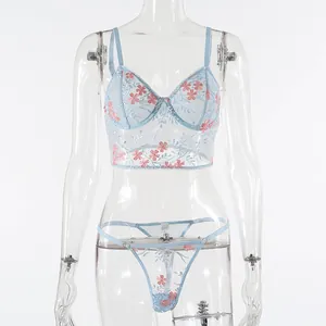 Detail of light blue mesh lingerie set with intricate pink cherry blossom embroidery