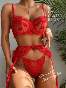 Detailed close-up of red lace floral embroidery and sheer mesh on sexy lingerie set