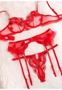 Close-up of red lace embroidery with floral patterns on three-piece lingerie set