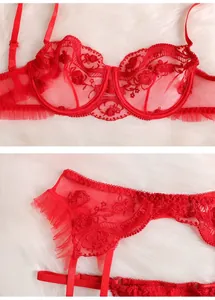 Detail of red floral lace embroidery and sheer mesh on the underwire bra lingerie set