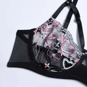 Gros plan sur les broderies de cœurs roses et dentelle noire de la lingerie fine