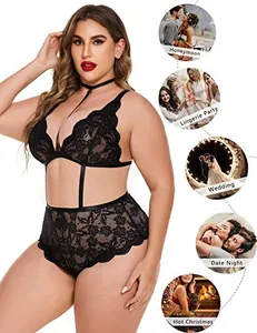 Detailed view of black floral lace bodysuit with lifestyle scenario icons for plus size women