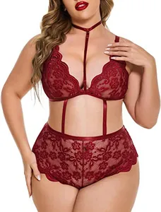 Detailed view of burgundy floral lace lingerie set with high waist panty and halter bra