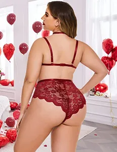 Plus size red lace lingerie set with halter neck bra and high waist panties for women