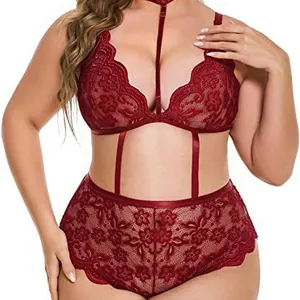 Plus Size Women Sexy Lace Floral Spandex Hollow Out Teddy Bodysuit Lingerie For Honeymoon Wedding Nightwear Black Wine Red