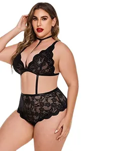 Plus size black lace bodysuit with choker and cutout design on white background