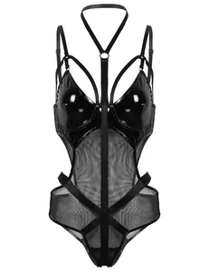 Detail of black faux leather and sheer mesh teddy with cutout design and multi-strap neckline