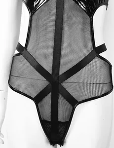 Detail of black faux leather and mesh bodysuit with sexy criss-cross lace-up front design