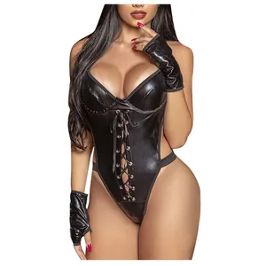 Sexy black patent leather bodysuit with halter V-neck and matching gloves for women
