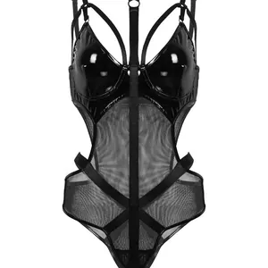 Sexy black patent leather and mesh bodysuit with cut-out harness design for women