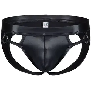 Men's shiny black faux leather jockstrap with metal rings and wide elastic waistband