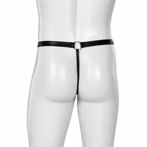Men's sexy black faux leather thong with metal ring connector shown from back view