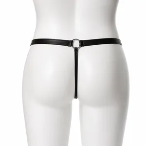 Mens sexy black faux leather thong with minimalist straps and silver metal ring back