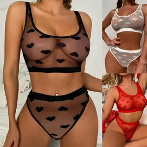 Women Sexy Heart Pattern Mesh See-Through Lingerie Set Polyester Top And Bottom Nightwear For Valentine Day