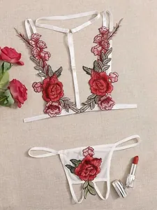 Ensemble de lingerie en dentelle blanche avec broderie rose rouge et string assorti