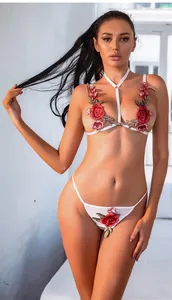 Close-up of white mesh lingerie set with detailed red rose embroidery and halter design