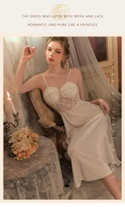 Exquisite white satin nightgown with floral lace details and sheer mesh stitching