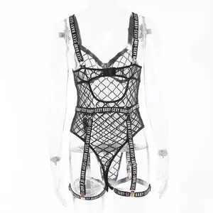 Detail of black fishnet bodysuit with sexy baby letter print straps and hollow-out design