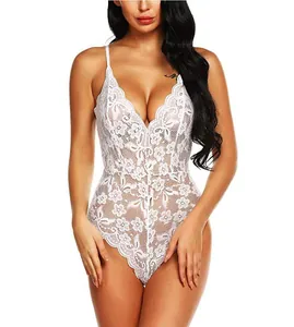 Exquisite white floral lace bodysuit with a deep V-neck and delicate spaghetti straps