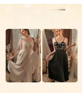 Detailed look at luxury satin nightdress with delicate lace trim and pearl accents