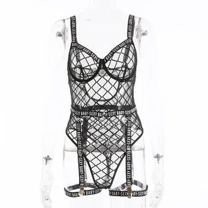 Detail of fishnet bodysuit featuring diamond mesh and Sexy Baby printed elastic straps