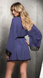 Sheer purple lace robe with black trim and belt featuring wide sleeves and see-through fabric