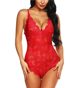 Sexy red lace bodysuit for women featuring a deep V-neck and delicate rose floral patterns