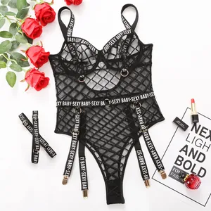 Detailed view of sexy black mesh bodysuit with white SEVXY BABY lettering and metal ring