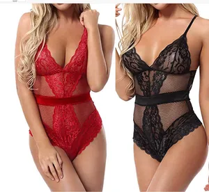 Detailed close-up of lace and fishnet mesh lingerie bodysuit in red and black
