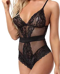 Detail shot of black floral lace and sheer mesh texture on this women's bodysuit