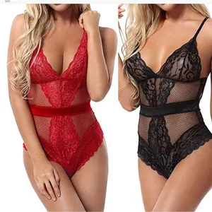 Women Sexy Lace Mesh Bodysuit Deep V-Neck Spaghetti Straps Hollow Out Lingerie With Back Bow Teddy Underwear Nightwear