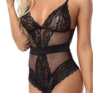 Sexy black lace bodysuit with V-neck, sheer mesh patterns and satin waist belt for women