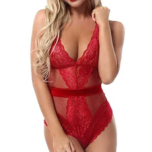 Sexy deep V-neck red floral lace teddy bodysuit with mesh panels and velvet waist belt