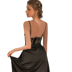 Elegant black silk satin slip dress for women featuring exquisite lace back detail