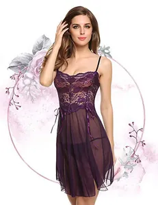 Detailed view of floral lace bodice and semi-sheer mesh hem on dark purple nightgown