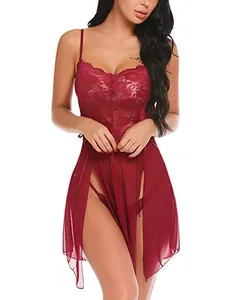 Detail of burgundy lace floral patterns and sheer mesh fabric on sexy lingerie set