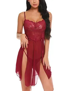Detail of wine red sheer mesh nightdress featuring lace patchwork and side slit