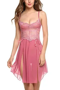 Detailed view of pink lace V-neck bodice and sheer chiffon split skirt with a bow tie