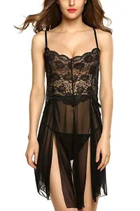 Detail of sheer black mesh nightgown with floral lace stitching and sexy side slit