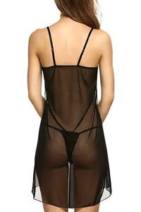 Back view of a sexy black mesh sheer nightgown with thin straps and open back design