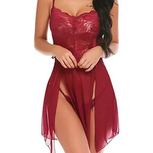 Sexy wine red lace mesh babydoll sleepwear dress with sheer floral details and thong