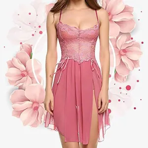 Pink mesh lace chemise with sheer floral pattern and side slit bow for women