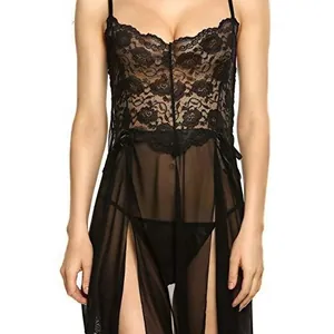 Sexy black lace sheer mesh slip nightdress with high slit and matching thong for women