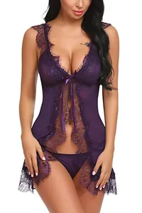 Completo babydoll viola scuro in pizzo floreale con fiocco di raso e mesh