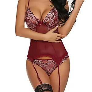 Body sexy en dentelle bordeaux grande taille pour femme avec porte-jarretelles réglables